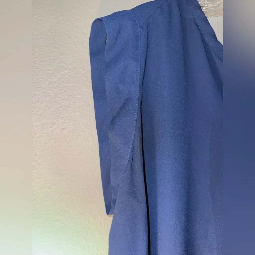 Pleione womens Royal Blue V-Neck Short sleeve Blouse Large career Officewear 731